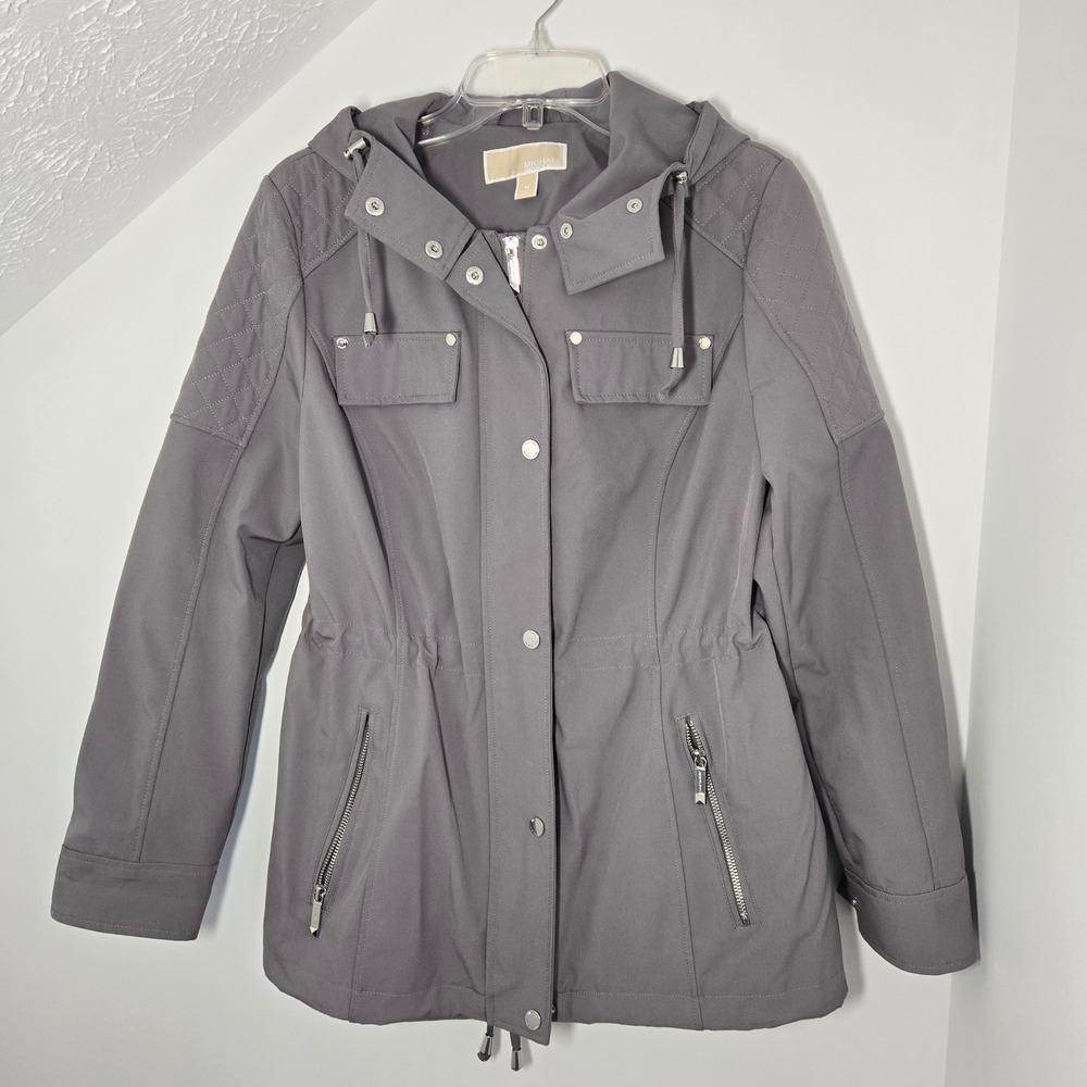 Michael Kors Grey Hooded Anorak Softshell Jacket Quilted Shoulder Womens Medium